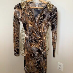 Vintage Y2K Cache Gold Shimmer Printed Long Sleeve Jersey Mini Dress XS